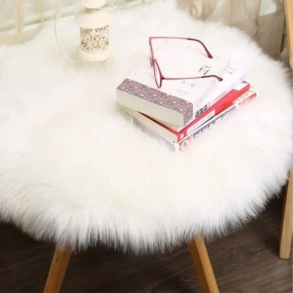 Fuskpäls Stol Sittdyna Långhåriga Mattor för Sovrum Soffa Golv Heminredning Mattor Lekmatta för Barn (Vit, 30cm Rund)
