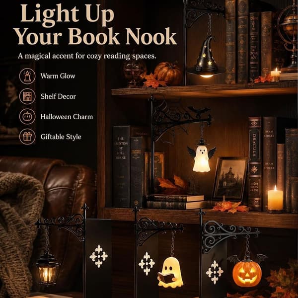 Book Lamp, Library Lantern Mini Bookshelf Lamp LED Bookshelf Lantern with Hanging Lantern, Warm Amber LED, Wireless, Slim Design Fits Between Books