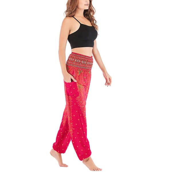 Boho Yogabukser til kvinder - Pilatesbukser med tryk, løs pasform og baggy haremstil - Perfekt til strand, yoga, dans og mere Ros Rose One Size