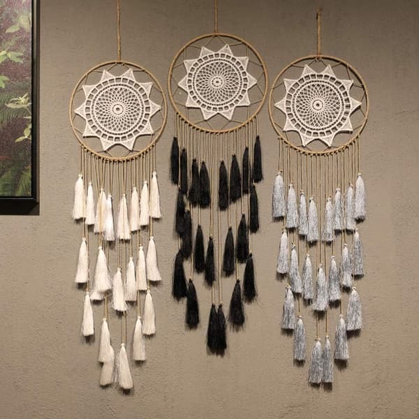 Macrame Drömfångare för Sovrum - Fransväggdekoration Handgjorda Drömfångare Heminredning med Fransfjäder Ornament Hantverk Välsignelse (Frans Vit)