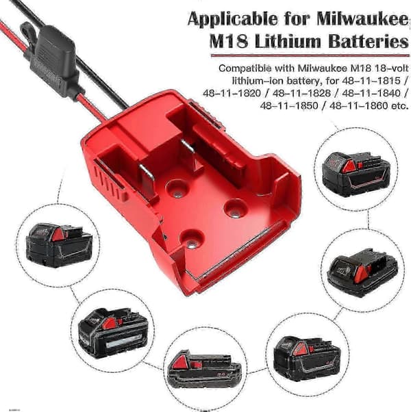 Strömadapter för Milwaukee M18 Batteri 18V Konverterare med Säkringar och Kabelanslutningar 2-Pack
