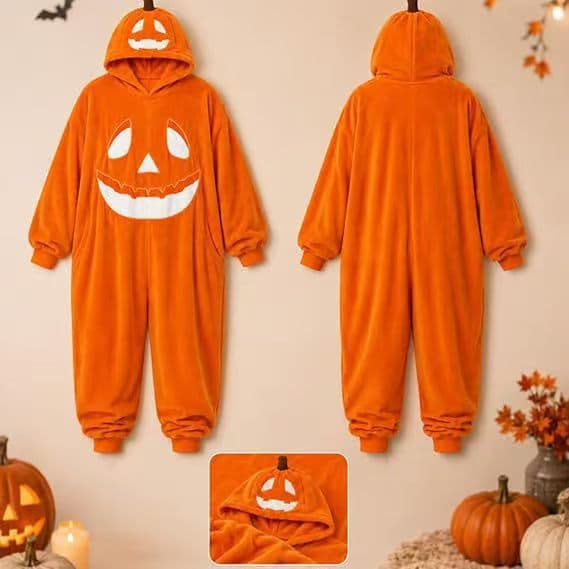 Halloween Koralfleece Onesie Pyjamas Efterår Vinter Lynlås Loungewear Orange Pumpkin M