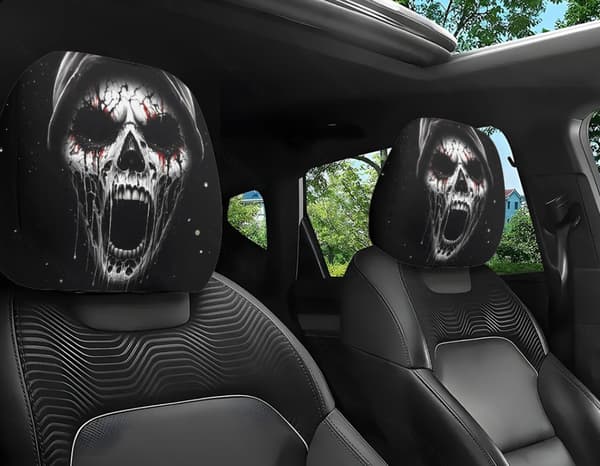 2 st Ghost Face Nackstödsskydd, Skrämmande Ansiktsmönster Bilbarnstol Universella Elastiska Modeller Nackstödsskydd D