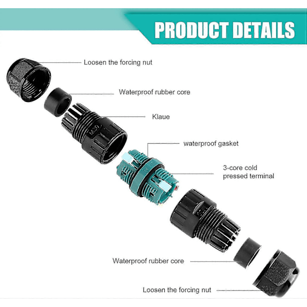 Sett med 4 IP68 Vanntette Elektriske Koblinger - 3-Pinners Vanntett Kobling for 5-12mm Diameter Kabel, Utendørs Vanntett Koblingsboks [DB]