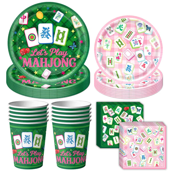 Mahjong-temafest Engangsservisesett med vimpelbanner, papptallerkener, kopper, servietter for bursdagsfeiring 4pcs