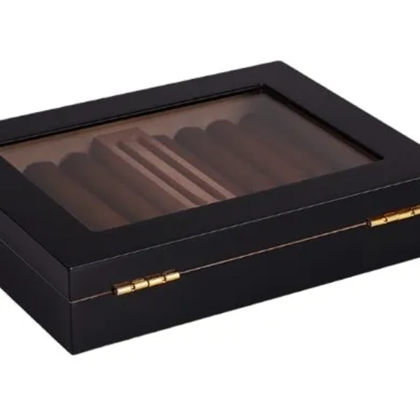 Höjglans cigar Humidor cigarbox för 10-15 cigarrer, äkta massivt spanskt cederträ, lyxig hygrometer och luftfuktare, D