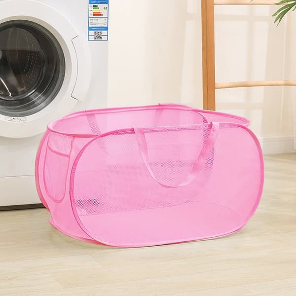 Sammenleggbar kleskurv 36x58cm netting med bred åpning og sidelomme pustende solid sammenleggbar vaskekurv rosa