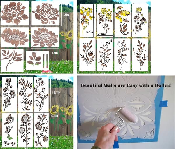 Large Floral Pattern Stencils for Garden Fence, Reusable Painting Stencils, 6 Pcs pcs A- 35 cm x 15 cm
