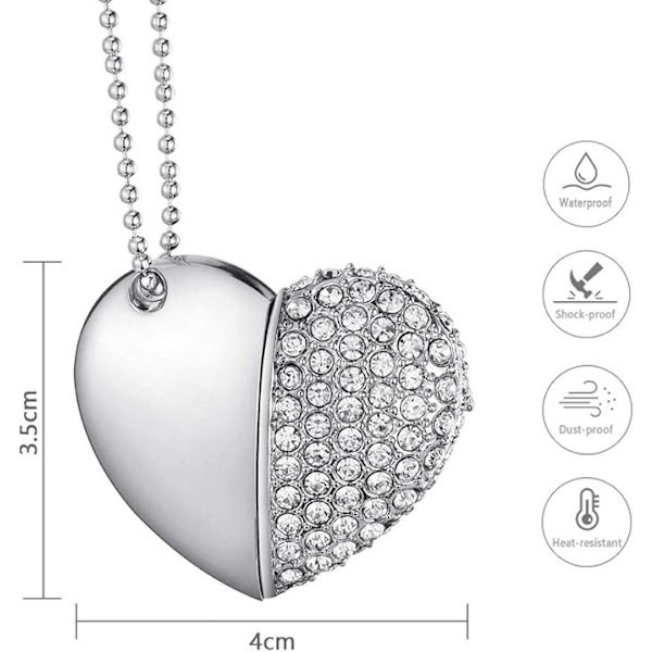 Hjerteformet Diamant USB Flash Drive (Sølv 32GB), Avanceret Hjerte Diamant Højhastigheds USB 3.0 Flash Data Lagringsenhed Memory Pen Flash Drive