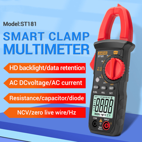 ST181 Digitalt Strømtangmeter til DC/AC Strøm 4000 Tællinger Multimeter Amperemeter Spændingstester Bil Amp Hz Kapacitans NCV Ohm