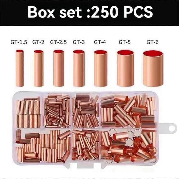 250 st GT Koppar Anslutningsrör Trådskarv Liten Kopparrör Terminal Kabelsko Bootsnöre Ferrule Kit