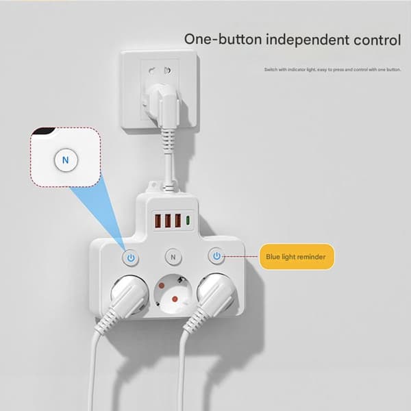 1-til-3 Multi-stikadapter med USB-C og afbryder, kompakt stikkontaktforlænger til hjemmekontoret style 2