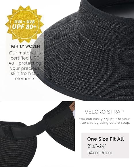 Dame Solhat Bred Skygge UV Beskyttelse Foldbar Sommer Strandhat med Hestehalehul Sort