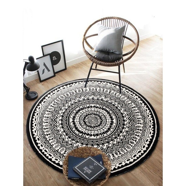 Rundt Tæppe 100cm Sort Mandala Blød Badeværelsesmåtte Skridsikker Vaskbar Accent Kast Sjov Gulvmåtte til Entré Stue Soveværelse Børneværelse