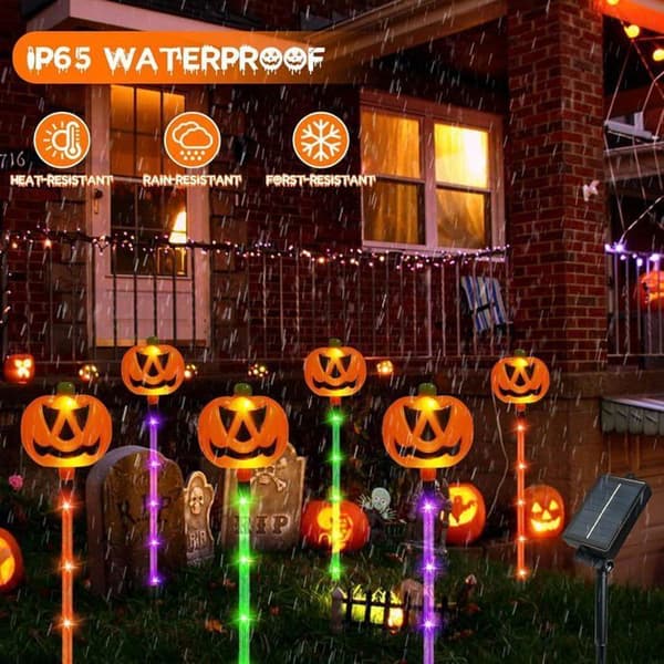 Set med 12 solcelledrevne gresskarformede lyskjeder for utendørs Halloween-dekorasjon, vanntett stibelysning med 8
