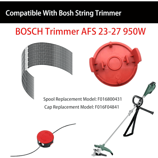 Til Bosch trimmer, F016800431 Udskiftnings trimmerhoved og linehætte til Bosch trimmer AFS 23-27 950W (1 trimmerhoved + 1 hætte + 30 liner)