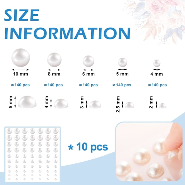 700 Stycken 4, 5, 6, 8, 10 MM Platt Baksida Halvpärlor med Självhäftande Baksida, Blandade Storlekar