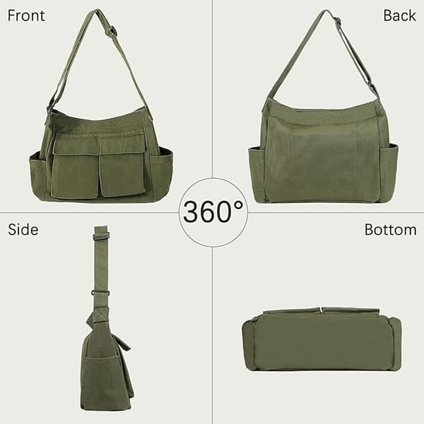 Dametasker i Canvas - Hærgrøn, Stor Crossbody Taske