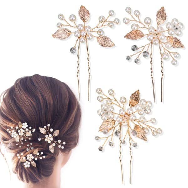 3 stk. gull hårspenner - Perlehårspenne - Moderne Elegante Dame Rhinestone - Bryllupshodeplagg (FQ)