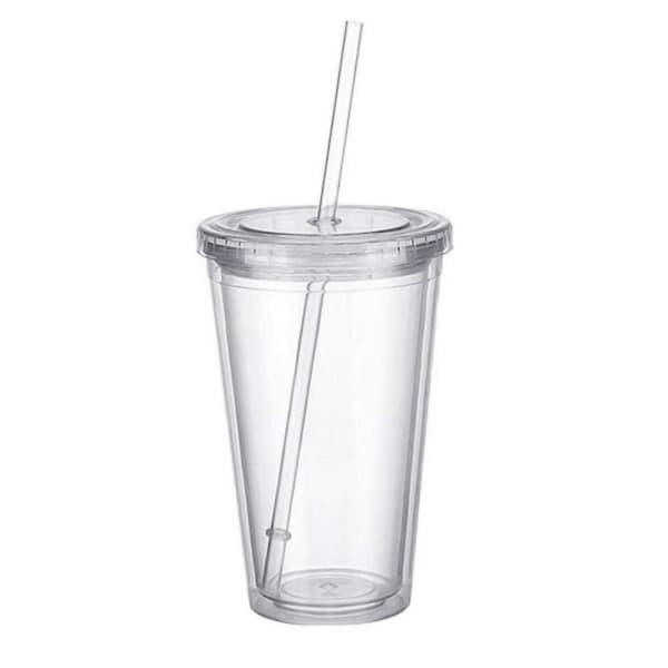 Dubbelväggig plastmugg med lock och sugrör, isolerad kaffekopp, 500 ml, transparent