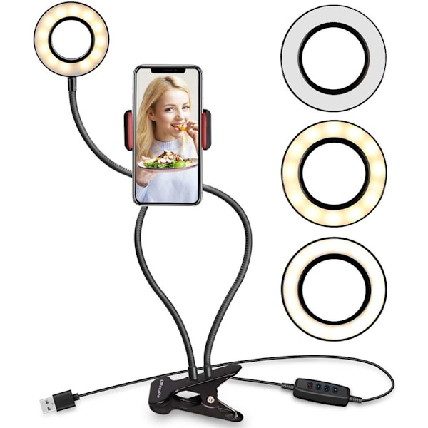 Selfie Ring Light med LED-lampe med lysstyrkekontroll + fleksible armer | Perfekt for strømming / vlog / youtube / sminke