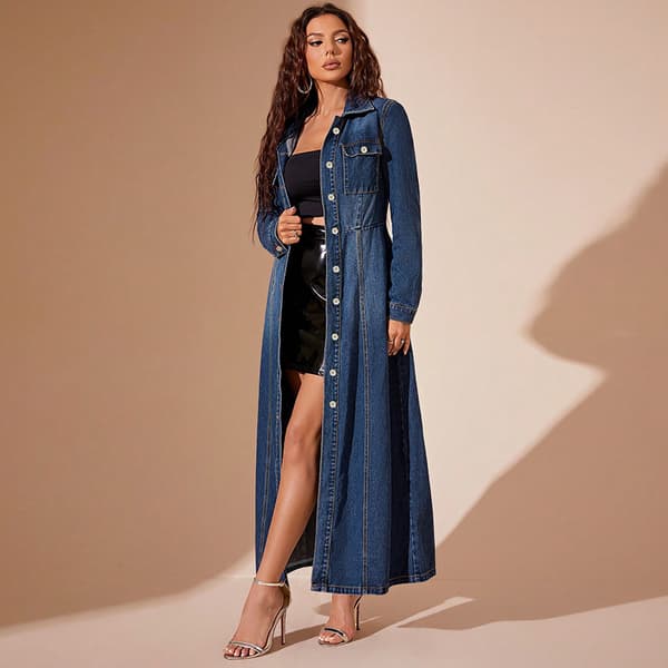 Lang Denimkjole Dame Midi Skjortekjole Mørkeblå Dark Blue M