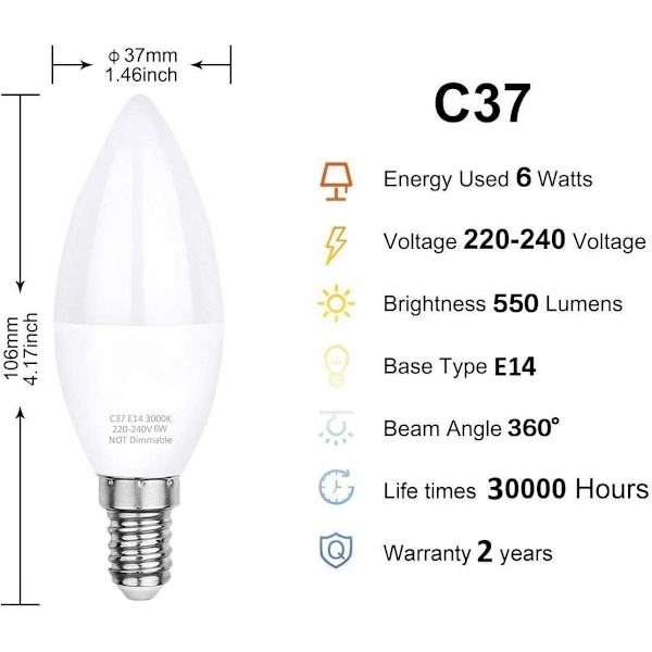 LED pære E14, varm hvid 3000K, C37 LED 6W (svarer til 60W halogenpærer), spredningsvinkel 360°, 6-pak