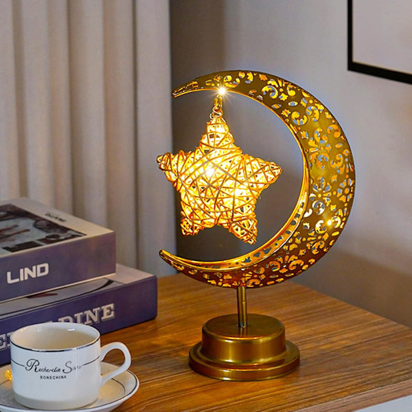 Ramadan bordlampe med halvmåne, skinnende metall, stjernelampe, månelampe, batteridrevet, dekorativ Eid-lampe, nattlys, måneskinn for b Moon rattan star hook