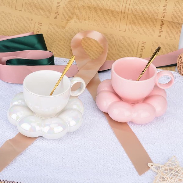 Keramisk kaffemugg, moln kaffekopp och fat set, mugg med sked och fat, lattekoppar 200ml (rosa)