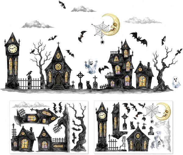 Halloween Window Decoration 2-pack/set, Haunted House and Spooky Stickers for Windows, Walls and Parties
