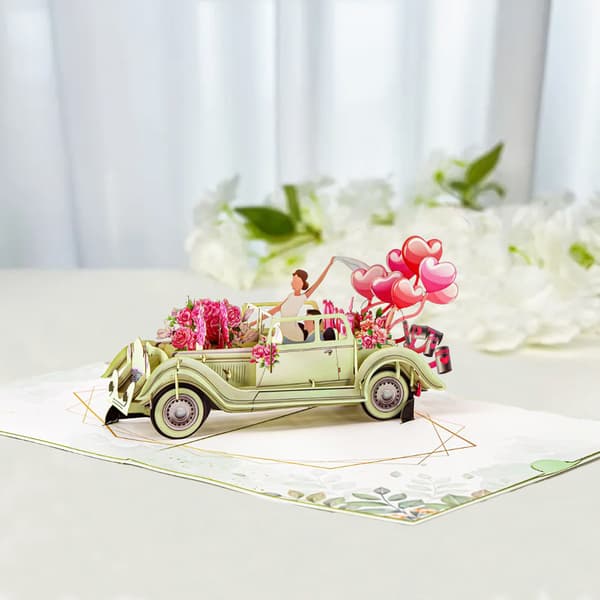 3D Pop-op Bryllupsbilskort, Håndlavet Papirklip Hilsen til Valentinsdag og Bryllup green