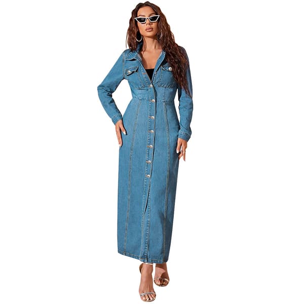 Lang Denimkjole Dame Midi Skjortekjole Lyseblå Light Blue 2XL