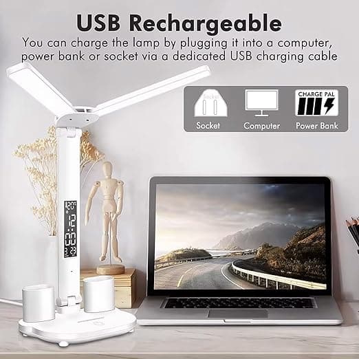 LED Desk Lamp with Dual Lamp Heads, USB Charging, Touch Screen Control, 3 Color Modes, Eye-Friendly Reading Lamp