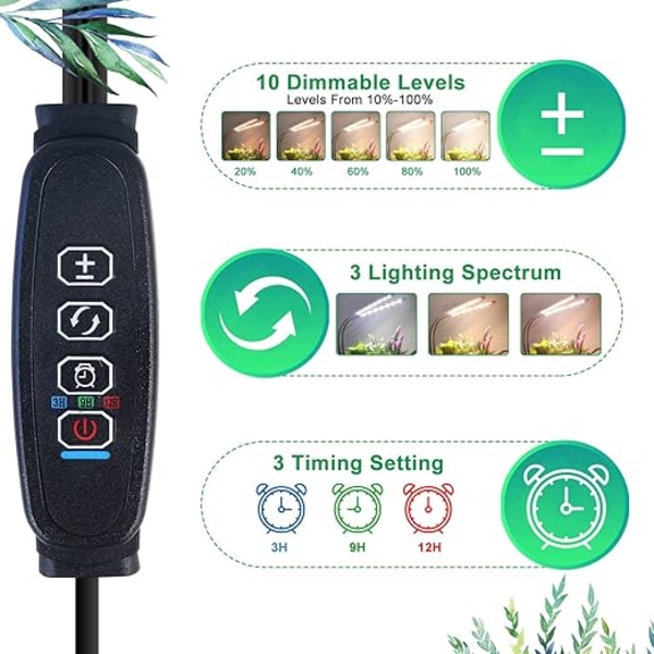 COKOLILA 2-pack LED Växtlampa - Fullspektrum Växtbelysning, Timer & 10 Ljusstyrkenivåer - Perfekt för Inomhusväxter [Energiklass A+++]