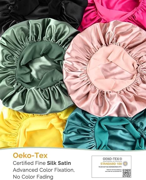 Satin Bonnet Silke Bonnet til Søvn Dobbelt Lag Satinforet Hår Bonnet med Bånd til Kvinder Krøllet Hår