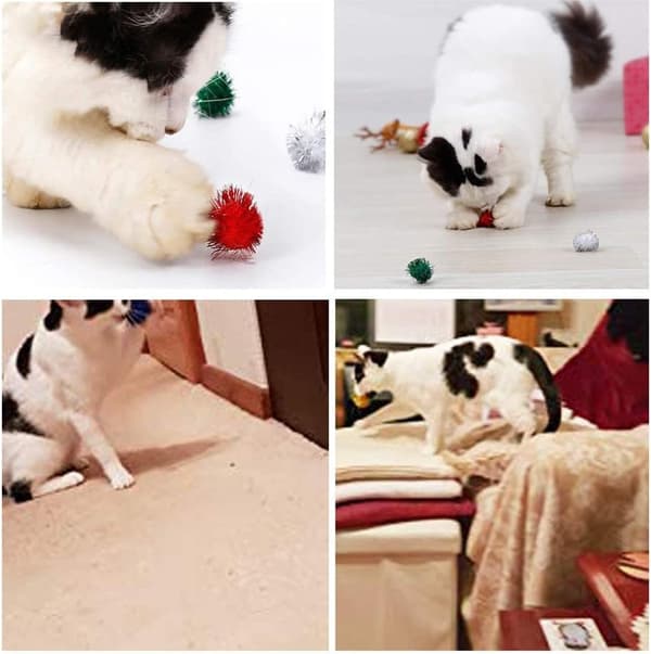 3 cm Fuzzy Glitter Pompom Bolde til Indendørs Katte - Glitrende Legebolde med Lametta til Killinger, Ikke-Giftige Katte Jagtlegetøj, 60-Pak