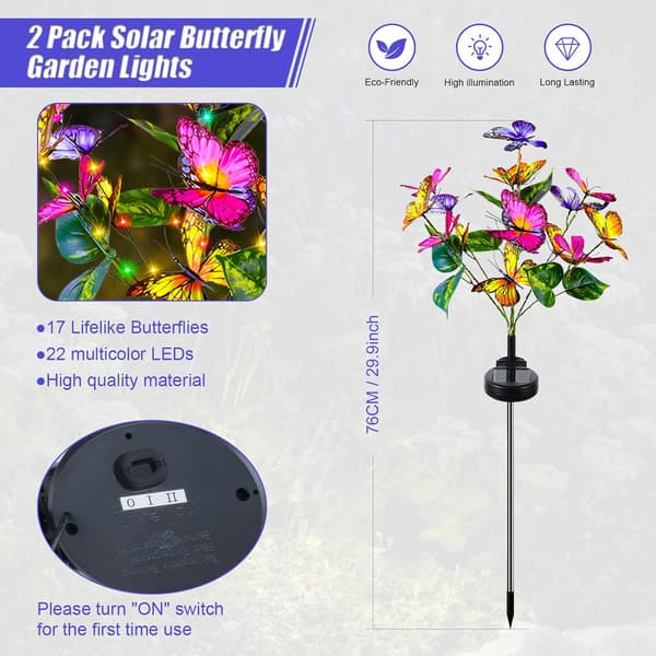 Solcellehagelys 2 stk Blomster Sommerfugl Utendørs Solcellelampe 2 Moduser Vanntett Landskapsbelysning Stier Hagedekorasjon Terrasse Bryllup