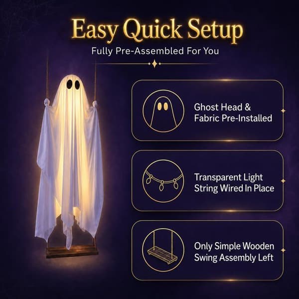 Large Halloween Hanging: Ghost on Swing (1.5 m / 5 ft), Pre-assembled (for Outdoor Use)