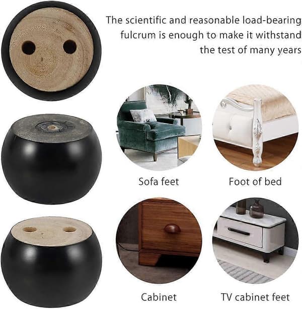 Sæt med 4 runde møbelben i træ, højde 5 cm, til sofa, seng, lænestol, garderobe, med skruer og stropper (sort)