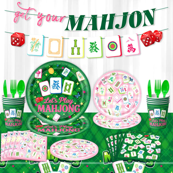 Mahjong-temafest Engangsservisesett med vimpelbanner, papptallerkener, kopper, servietter for bursdagsfeiring 4pcs