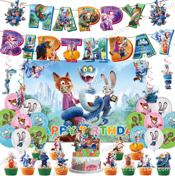 Zootopia 2 Tema Fødselsdagsfest Dekorationssæt, Vimpelbanner, Kagetoppe og Ballonkit til Børnefest D