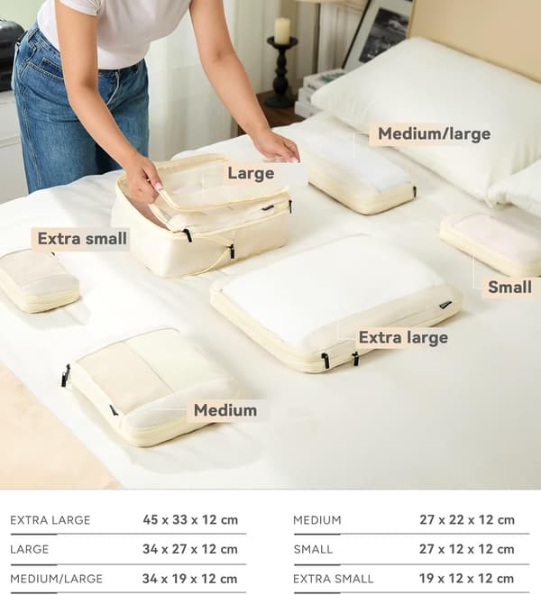 6-delat kompressionskubset, resväska organiseringsväskor, beige