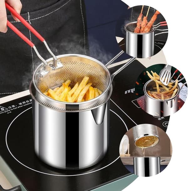 Friteuse med langt håndtak 1,2L frityrgryte i rustfritt stål med kurv og klype for komfyrtopp