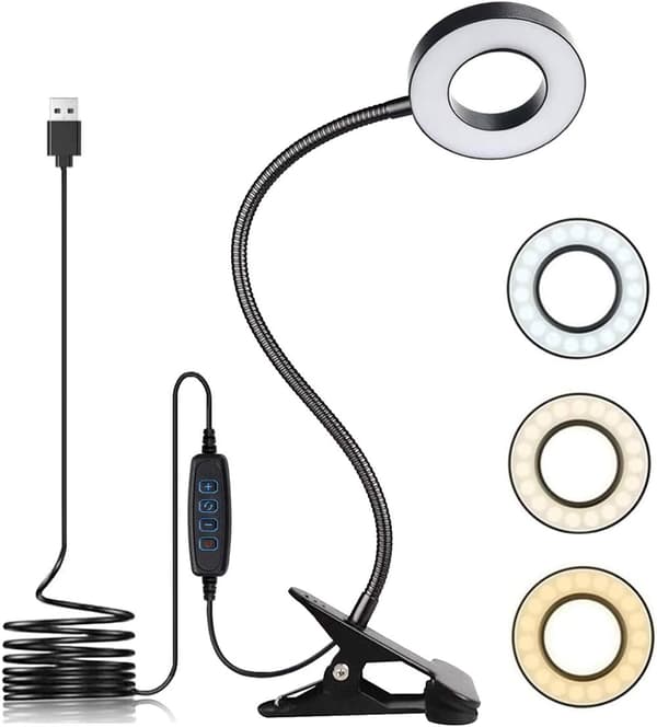 USB LED Skrivebordslampe med Klemme, 3 Farvetilstande 10 Dæmpbare Lysstyrker Øjenbeskyttelse Læselampe Justerbar til Studier Arbejde Videokonference (Sort)