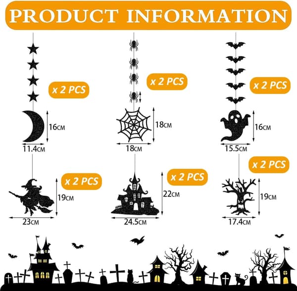 Halloween Bat Spider Hanging Set - 12 Pcs Black Glitter Ornaments for Spooky Themed Wall Decals and Garlands