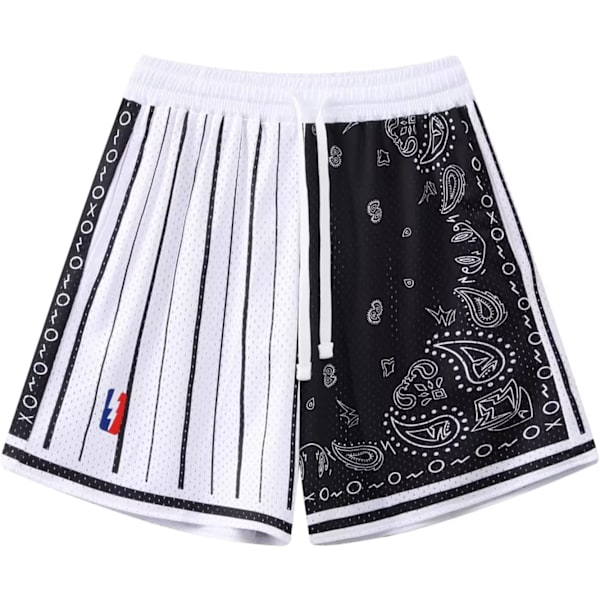 EMON Basketballshorts til mænd, træning, atletiske paisley-shorts, mesh-løbebukser, hvid, sort, X-Small