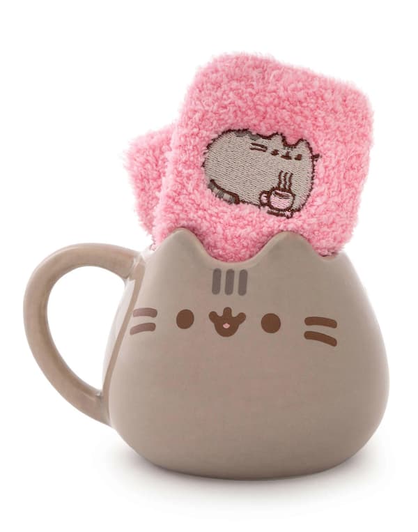 Pusheen Damer Krus og Strømpe Gave Sæt Brun 3D Ansigt - One Size
