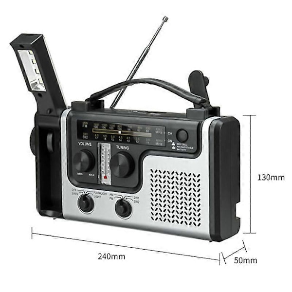 Monitoiminen aurinkokennoradio ulkokäyttöön, kannettava FM/AM-radio, sisäänrakennettu kaiutin, LED-hätävalaisin ja pöytävalaisin