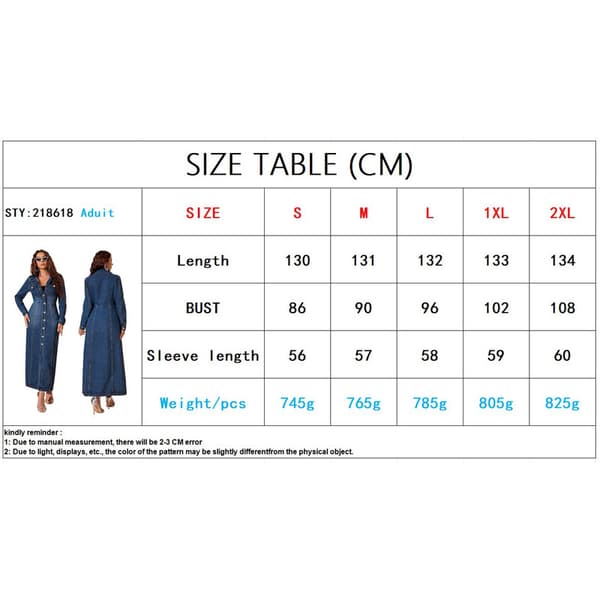 Lang Denimkjole Dame Midi Skjortekjole Lyseblå Light Blue XL