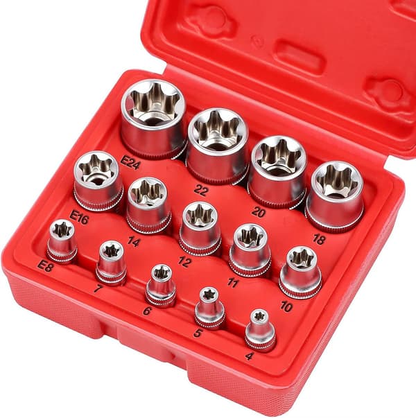14-osainen hylsysarja, naaraspuolinen Torx-hylsysarja, vääntömomenttihylsyt, ulkoiset Torx-hylsyt, E4 E5 E6 E7 E8 E10 E11 E12 E14 E16 E18 E20 E22 E24